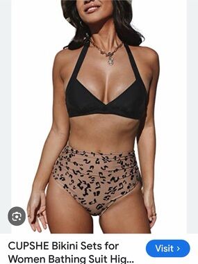 Cupshe Black Halter Top with Tan Leopard High-Waist Bikini Bottom